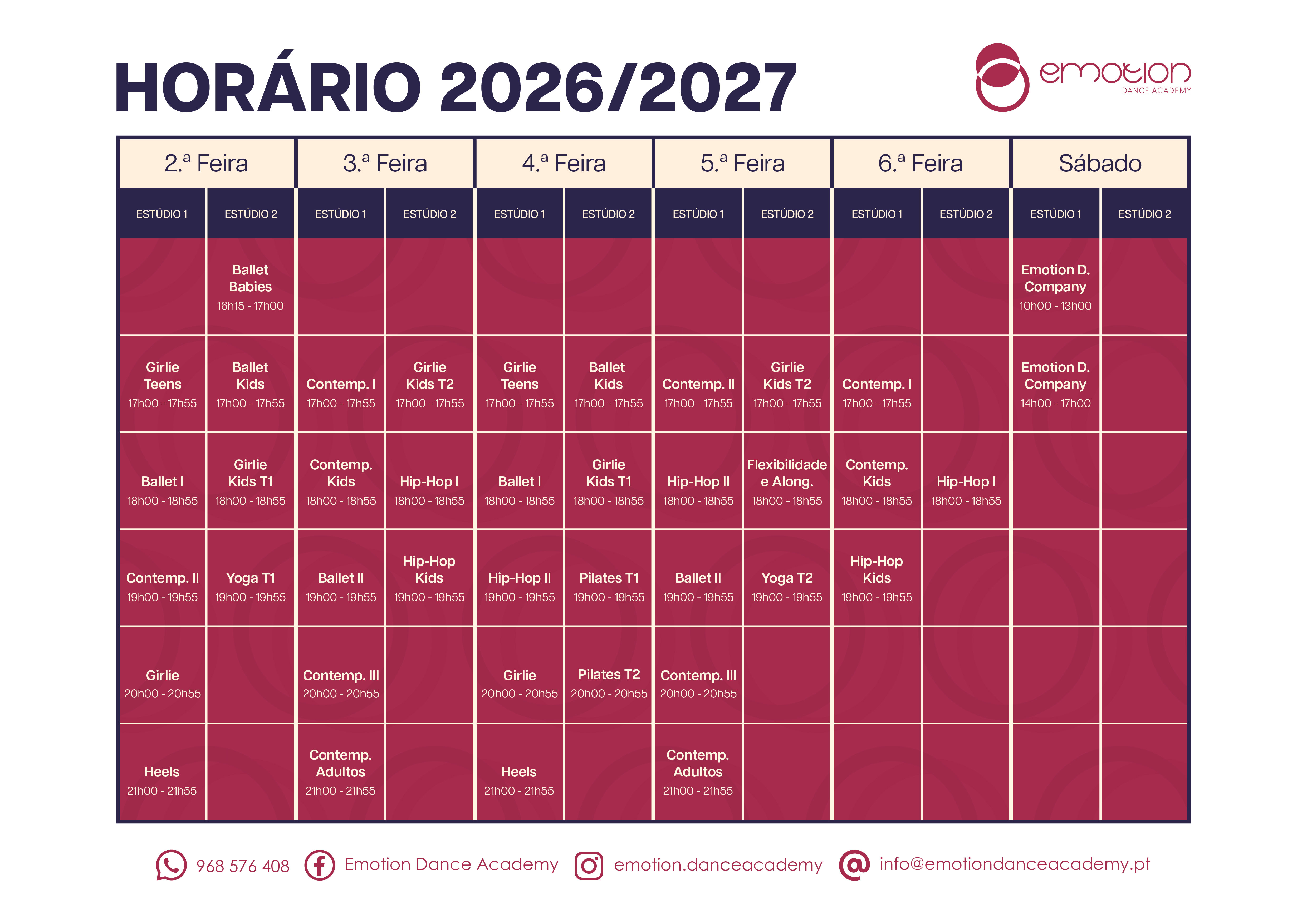 Horário das aulas